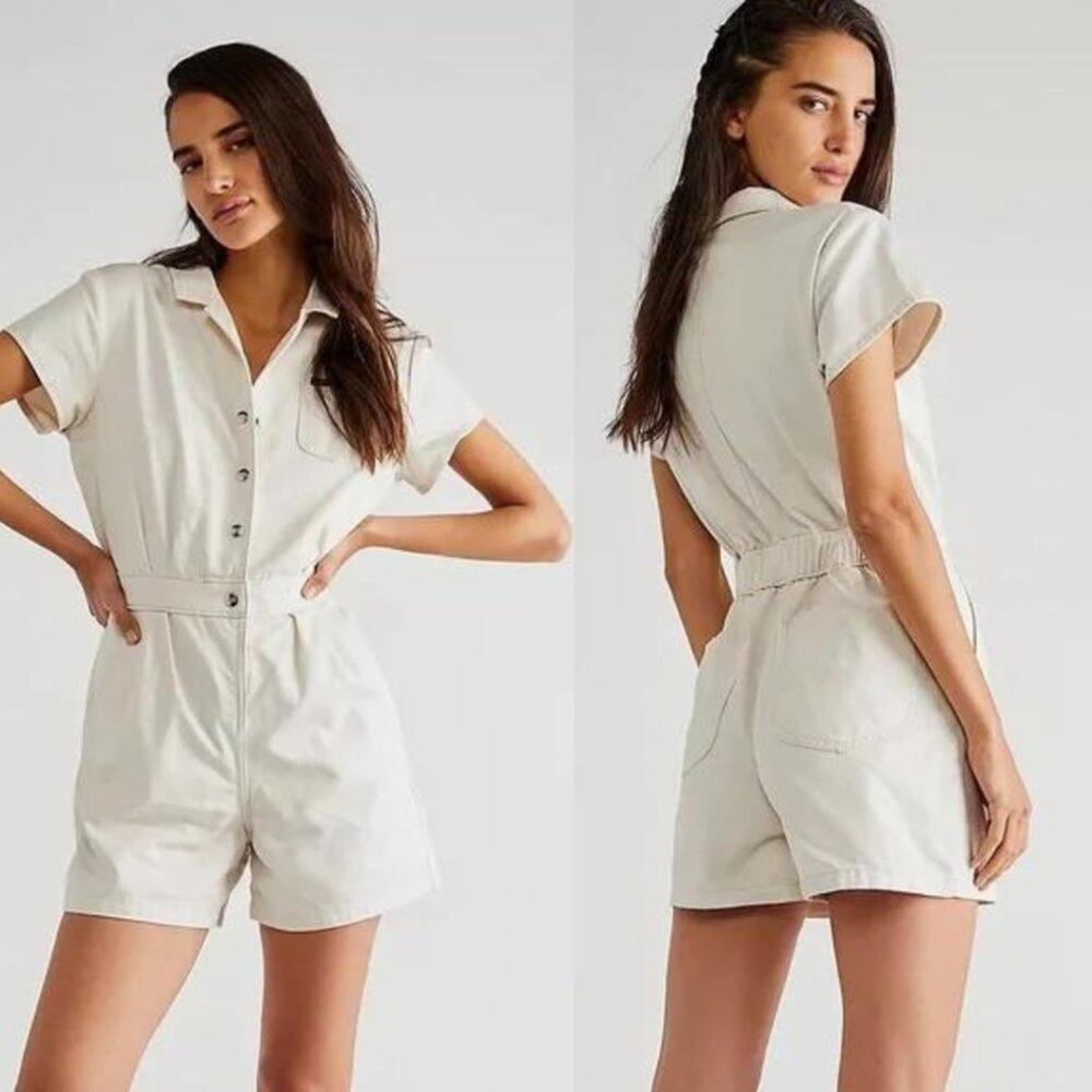 Lee Free People Bone White Short Sleeve Denim Romper Unionalls Large 12-14 Boho - Picture 2 of 6